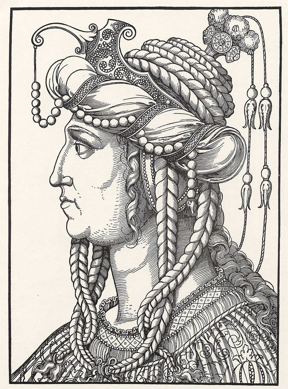 "Retrato de la sultana Roxelane (Russelazie (la rutena), o Hurrem (de soltera Anastasia Lisovska, ca. 1500-1558) esposa del sultán Solimán el Magnífico" Grabado en madera de Erhard Schoen (1491-1592) ca. 1532 Herzogliches Museum Gotha de Erhard Schon