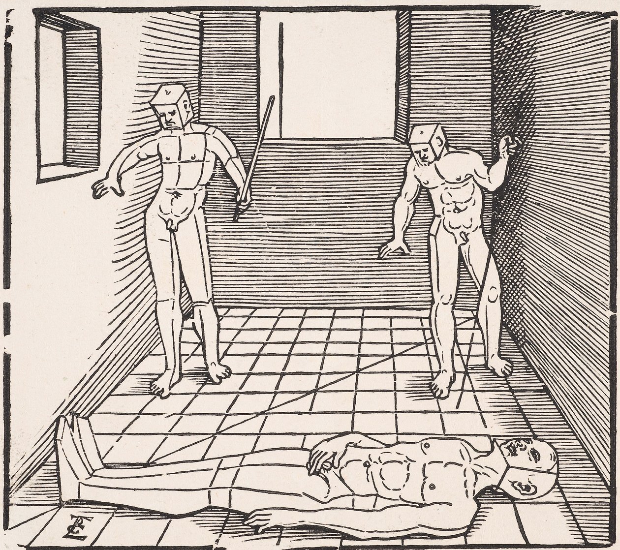 Tres figuras masculinas en una habitación De: Unnderweissung der Proportzion de Erhard Schon