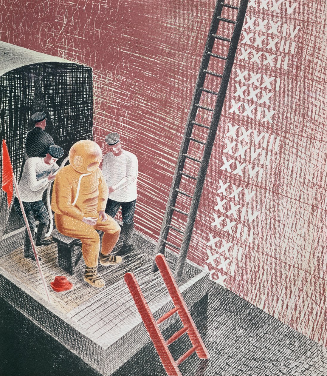 Buceador siendo preparado para el descenso de Eric Ravilious
