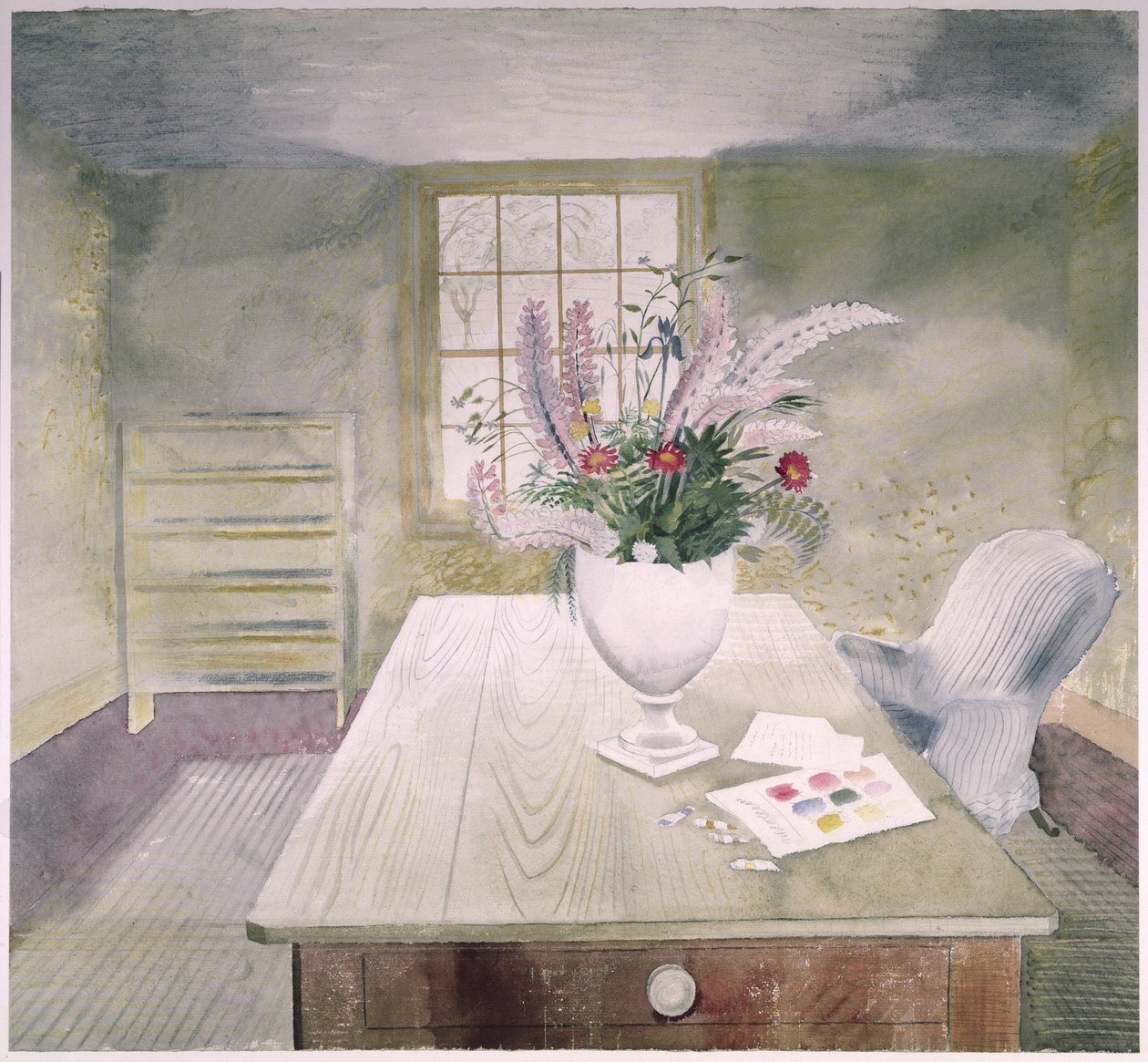 Flores de jardín en una mesa de cabaña de Eric Ravilious