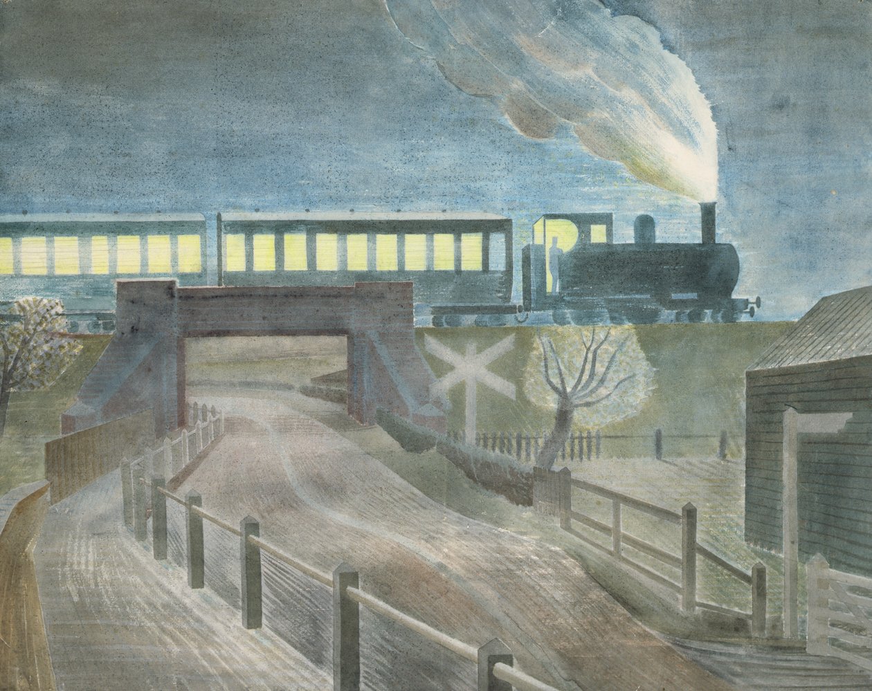Tren pasando por un puente de noche de Eric Ravilious