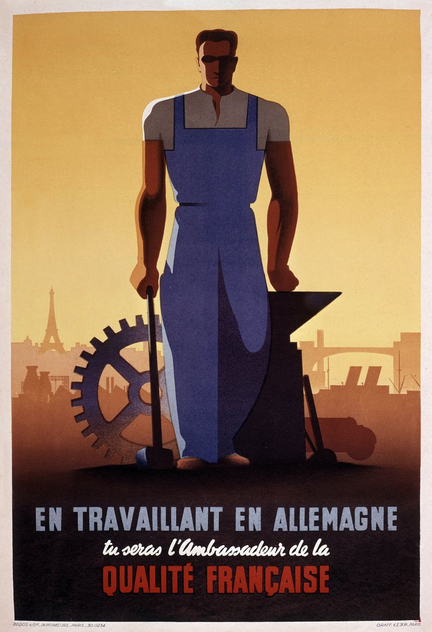Cartel propagandístico francés del STO (organización de trabajo obligatorio creada en 1943 durante la ocupación alemana de Francia) de Eric Castel