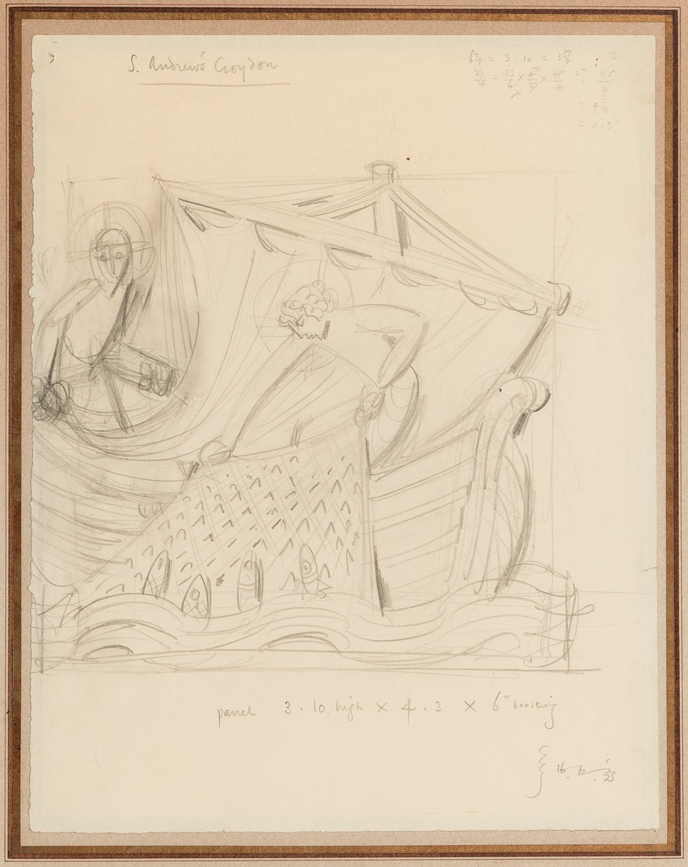 Cristo y la milagrosa riada de peces, diciembre de 1933 (lápiz sobre papel) de Eric Gill