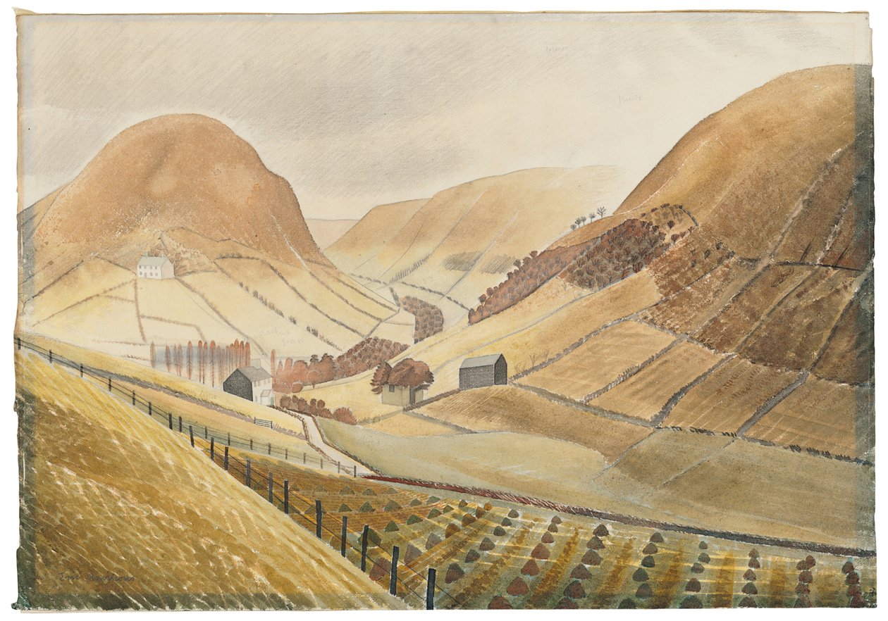 Montones de maíz y granjas - Hill Farm, Capel-y-ffin, Gales de Eric Ravilious