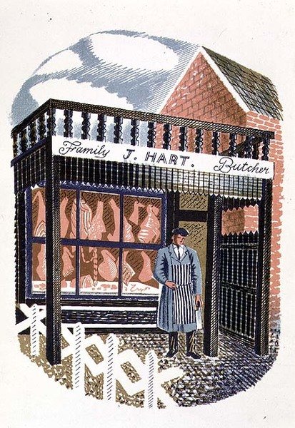 La carnicería, impreso por Curwen Press, de High Street, por J.M. Richards, publicado por Country Life, 1938 (conjunto de 24) de Eric Ravilious