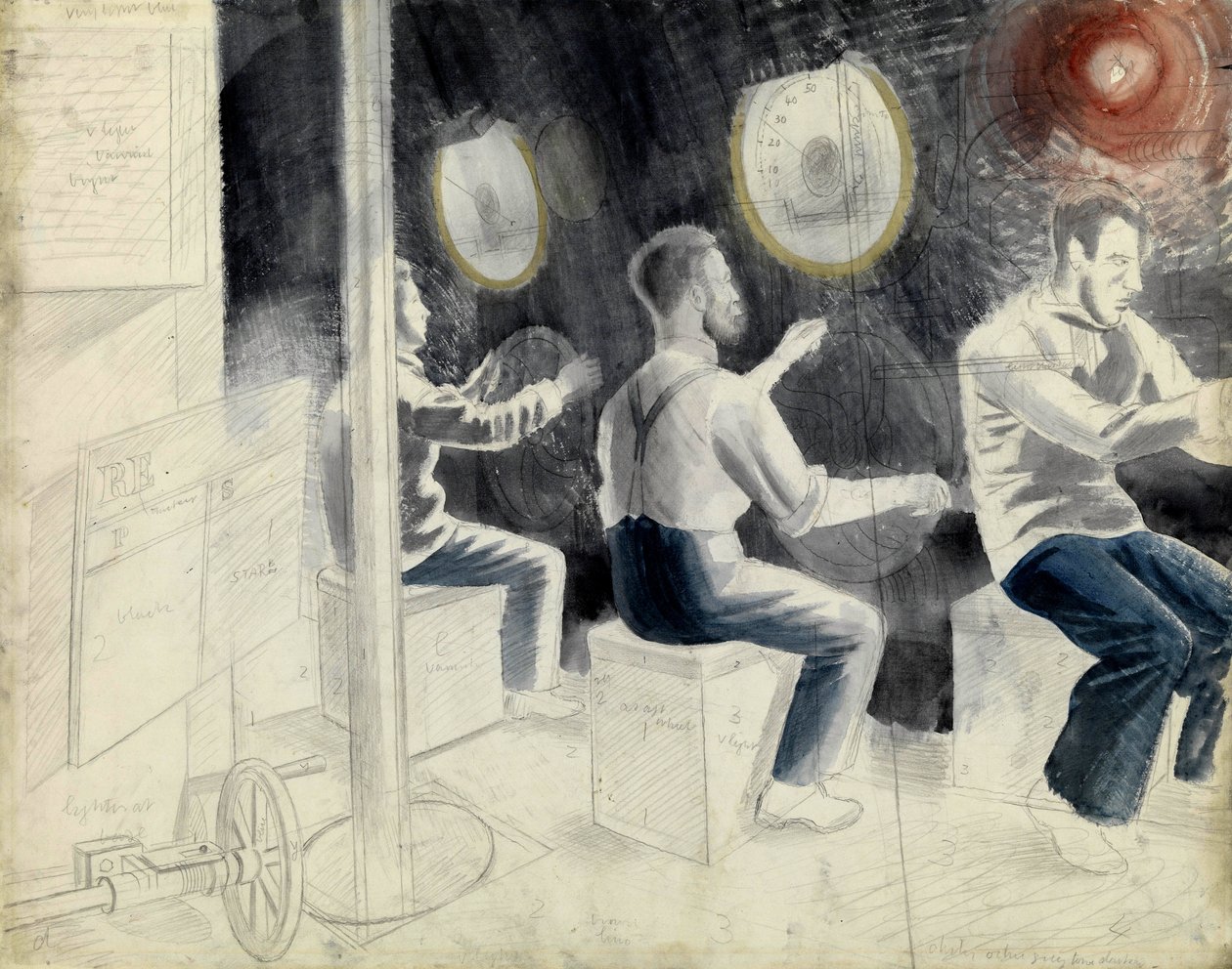 La sala de control de inmersión, durante la inmersión del submarino. Serie a lápiz de Eric Ravilious (1903-1942), embarcado en un submarino durante la Segunda Guerra Mundial (1939-1945). de Eric Ravilious