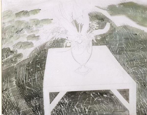 Jarrón de flores en un jardín de Eric Ravilious