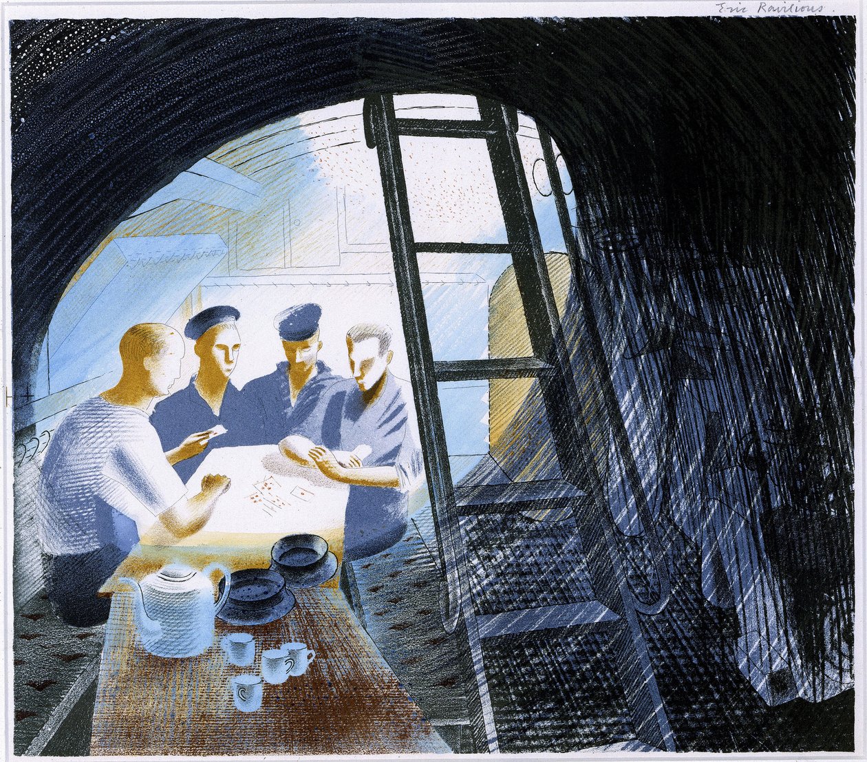 Vista del comedor de oficiales en un submarino sumergido, con utensilios de cocina y cuatro marineros jugando a las cartas. de Eric Ravilious