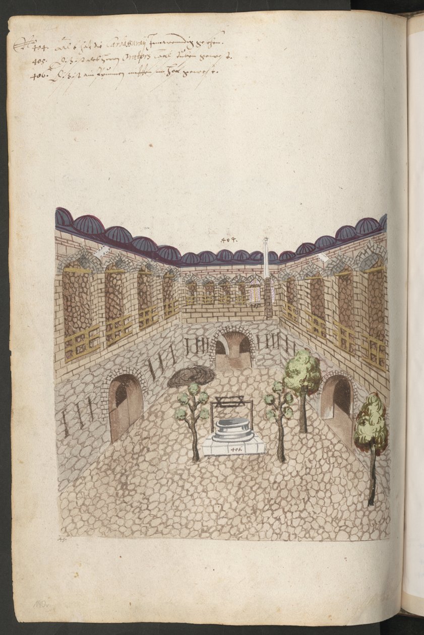 Edificios de Constantinopla: patio interior de un gran caravasar con árboles, un pozo y entradas laterales a los establos. de Erich Lessing