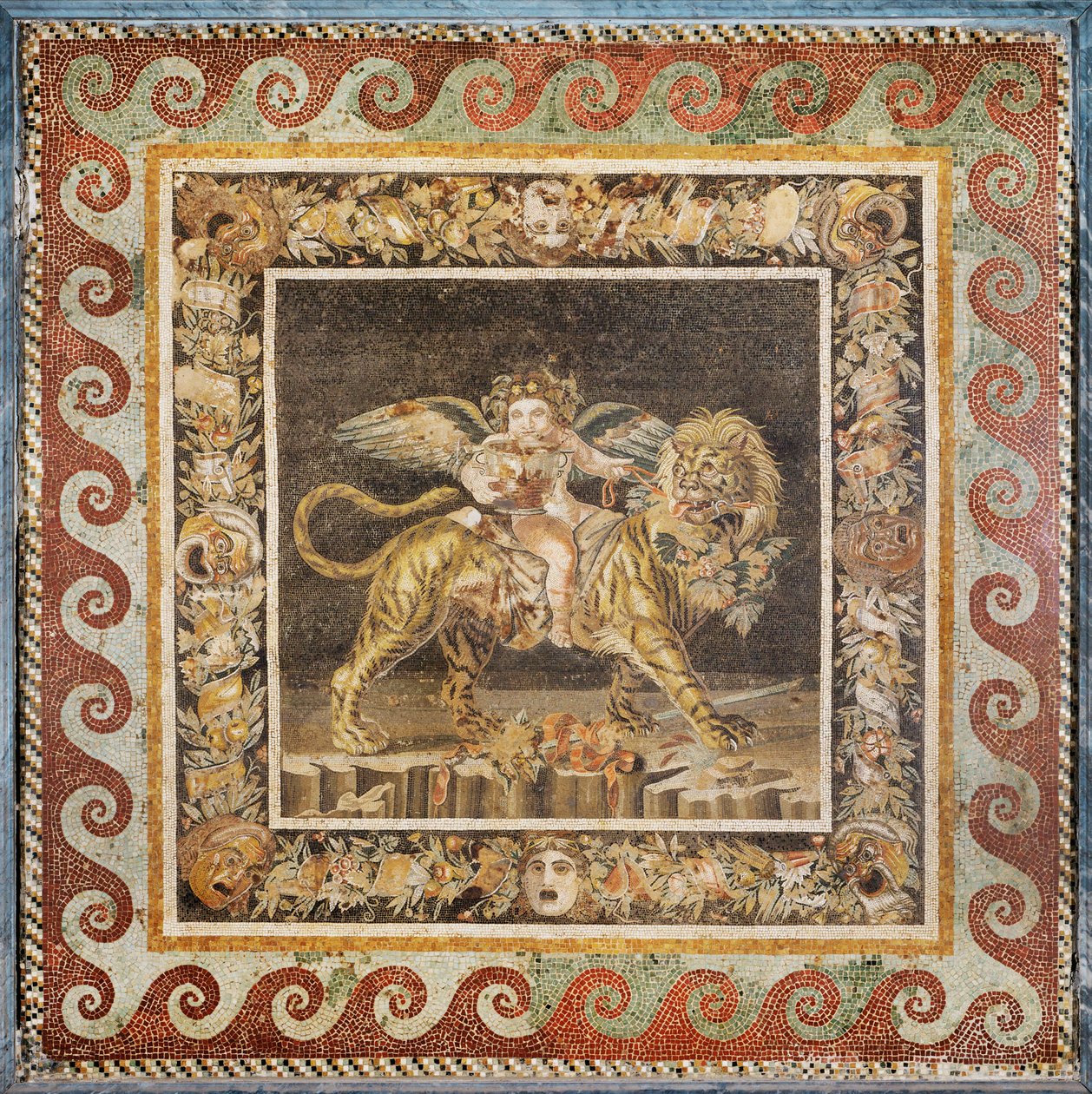 Dionisos de niño, a lomos de un tigre, una guirnalda con hojas y máscaras teatrales de Erich Lessing