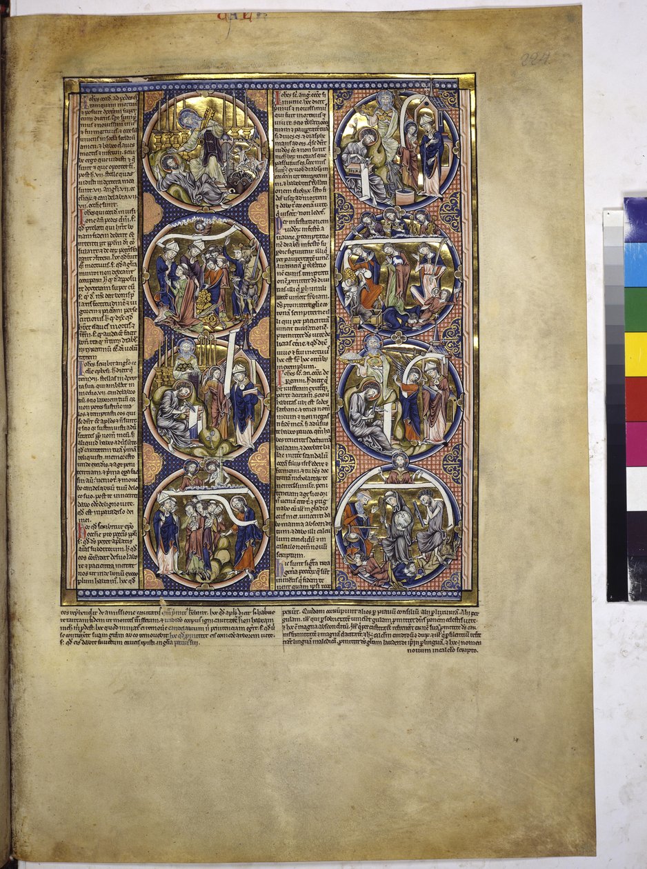 A toda página: ocho medallones que encierran miniaturas acompañadas de un texto explicativo, c.1225-1250 (temple sobre pergamino) de Erich Lessing