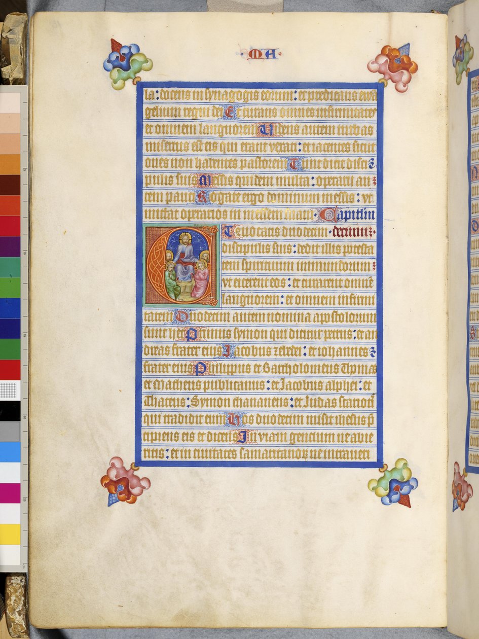 A toda página: texto enmarcado con "E" inicial historiada: Cristo envía a los Doce de Erich Lessing