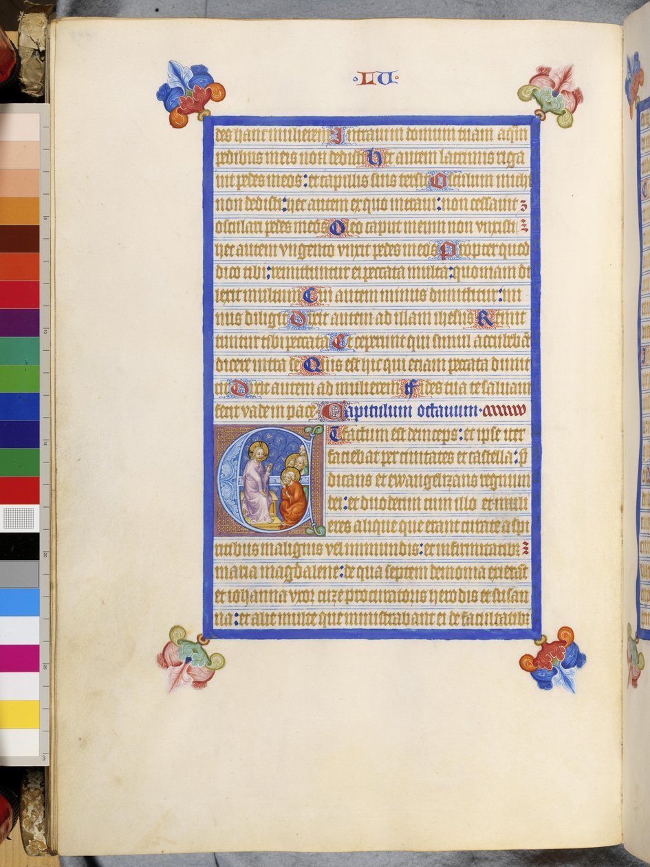 A toda página: texto enmarcado con "E" inicial historiada: La parábola del sembrador de Erich Lessing