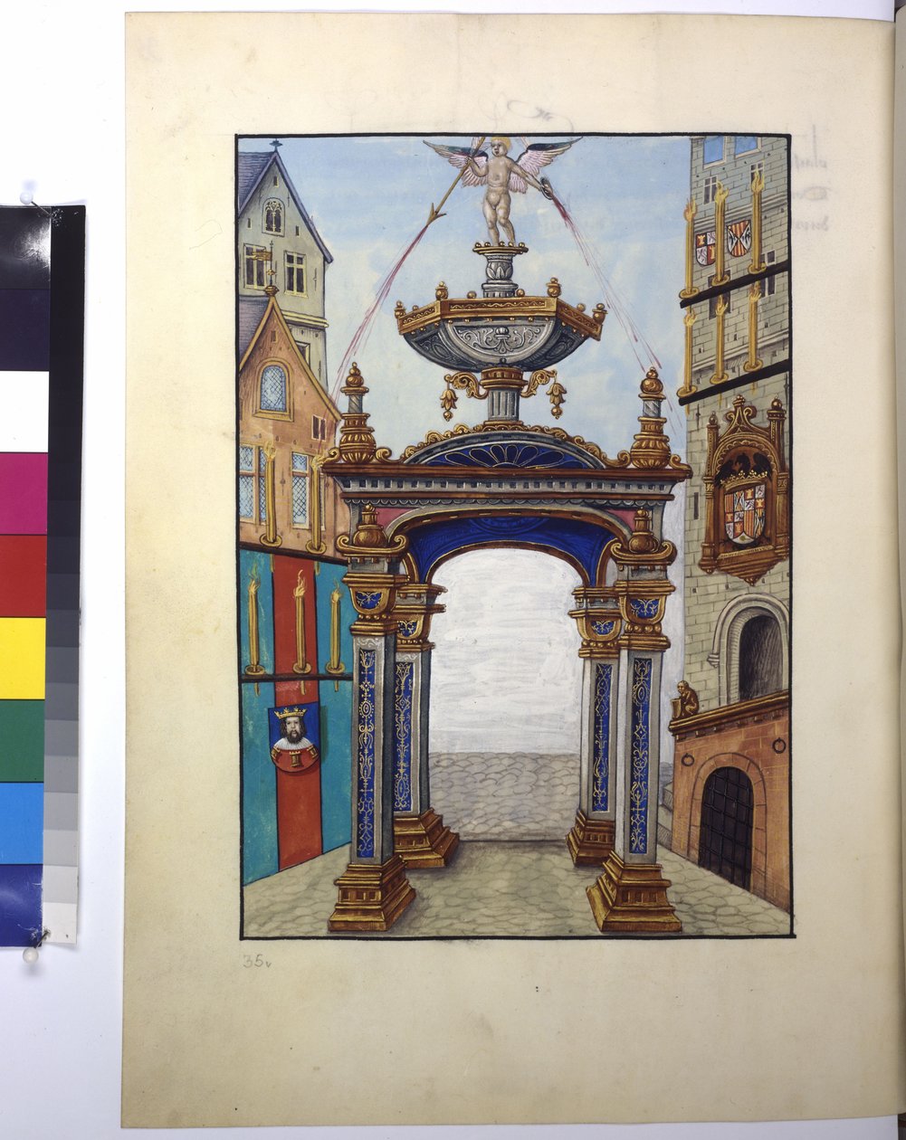 Página completa: miniatura: arco de triunfo con la imagen del emperador, escudo de armas, c.1515 (pintura al temple) de Erich Lessing