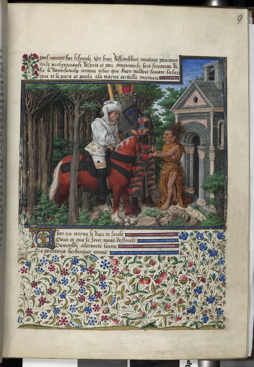 Página completa: texto con inicial pintada, miniatura enmarcada y orla (miniatura) de Erich Lessing