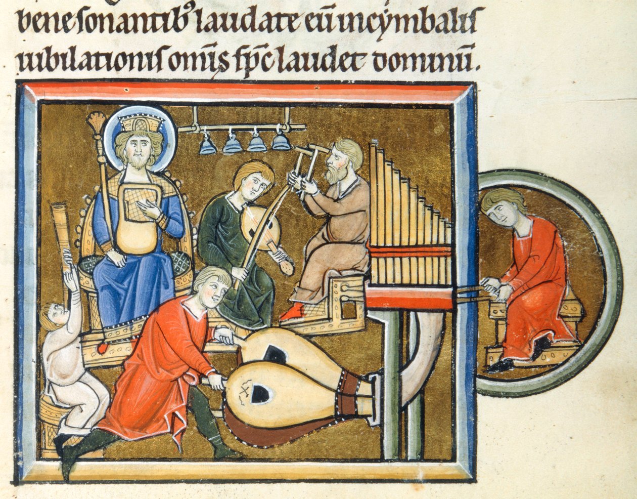 El rey David tocando un salterio acompañado de tuba, órgano y címbalos de Erich Lessing