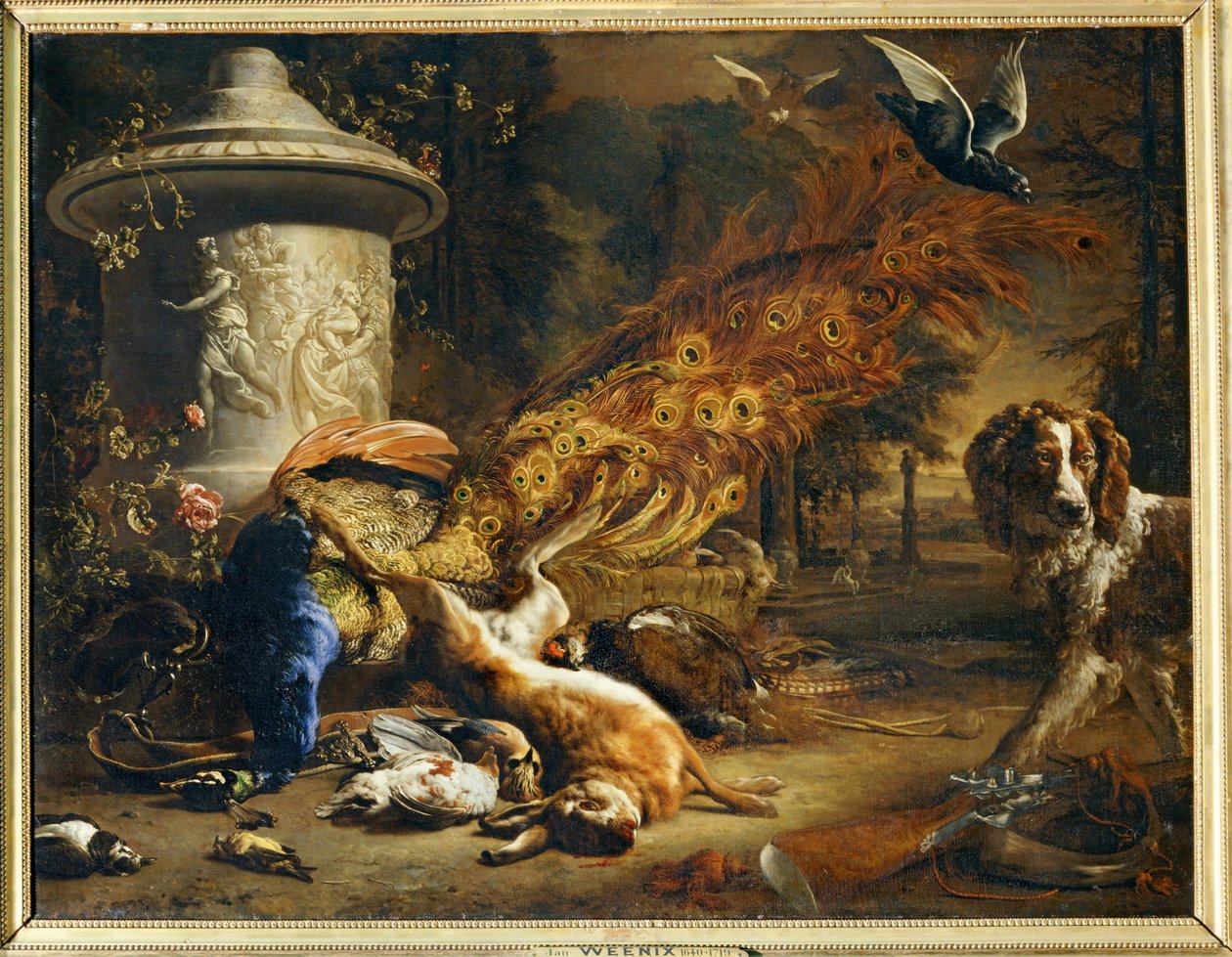 Naturaleza muerta con pavo real y perro ... de Erich Lessing