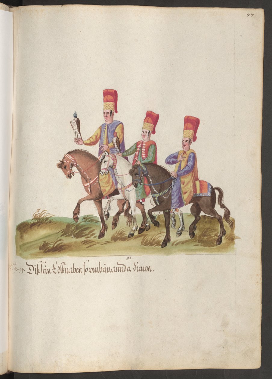 La corte de un pachá y sultán: tres escuderos a caballo, dos con halcones de Erich Lessing