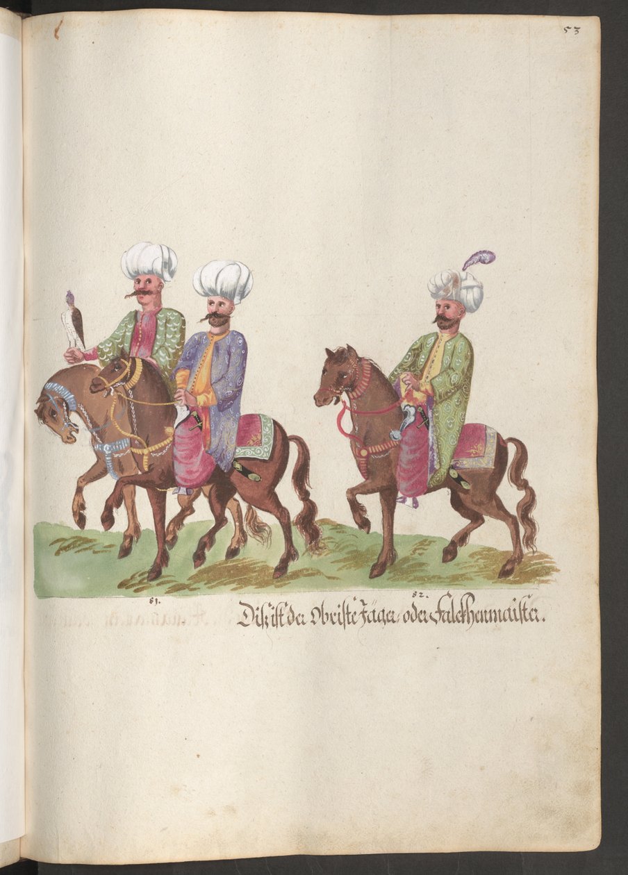 La corte de un pachá y sultán: dos chambelanes a caballo, uno con un halcón de Erich Lessing