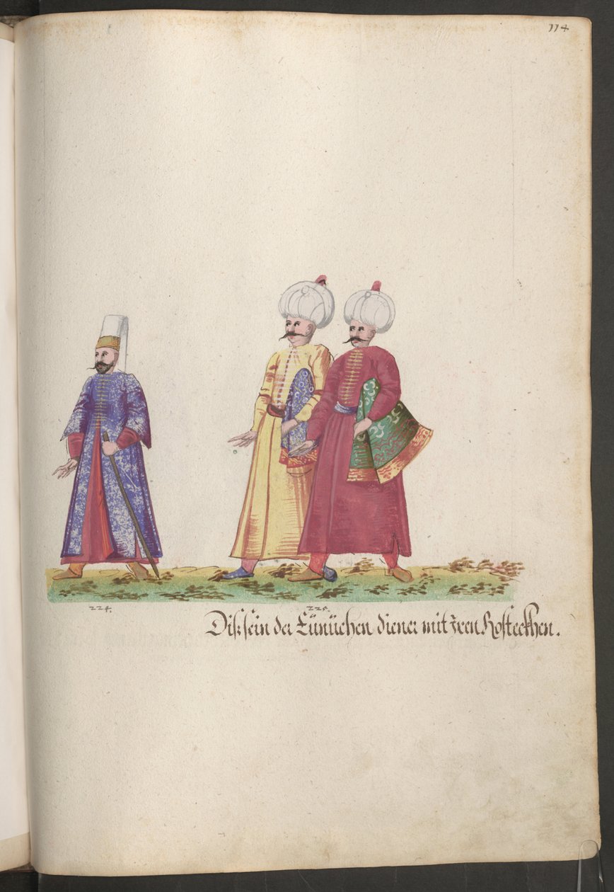 El serail de la sultana: eunuco con dos sirvientes que llevan mantas de caballo. de Erich Lessing