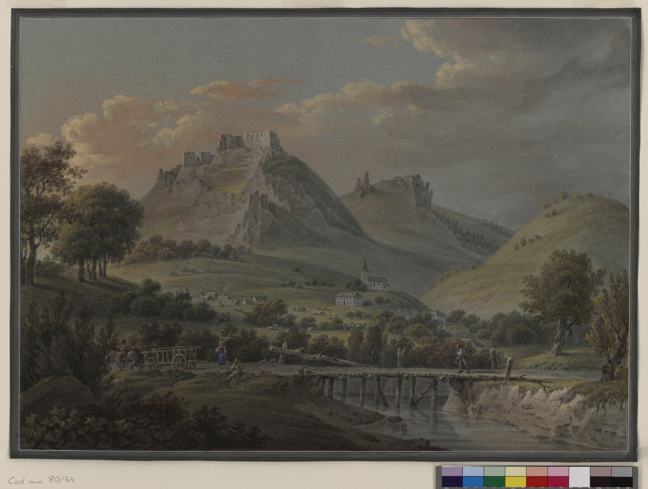 Vista del castillo de Sirok, Hungría, condado de Heves; Gouache de Franz Jaschke de Erich Lessing