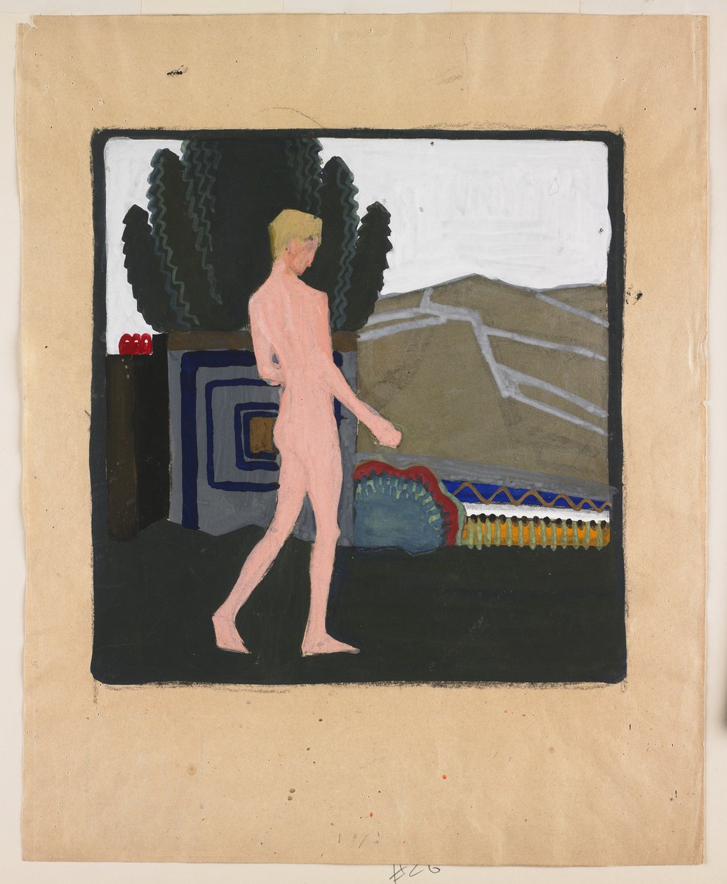 Desnudo masculino de pie en un paisaje, c.1914 (gouache sobre papel) de Erich Mallina