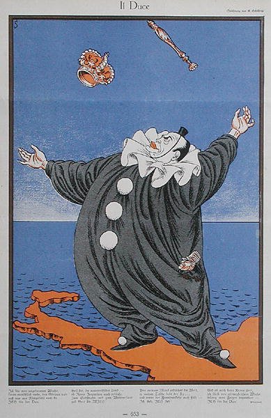 Caricatura de Benito Mussolini (1883-1945), de la revista "Simplicissimus". 8 de febrero de 1926 (litografía en color) de Erich Schilling