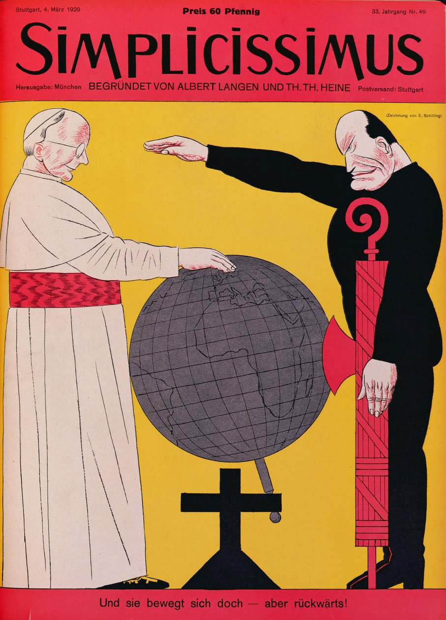 El Papa Pío XI (1857-1939) y Mussolini (1883-1945) en el momento del Tratado de Letrán de 1929, ilustración de portada de la revista "Simplicissimus", 4 de marzo de 1929 (litografía en color) de Erich Schilling