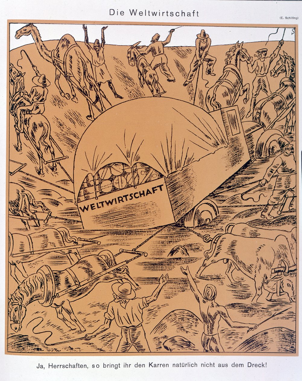 Sátira sobre el tema de la economía mundial, Simplicissimus, c. 1930 (litografía) de Erich Schilling