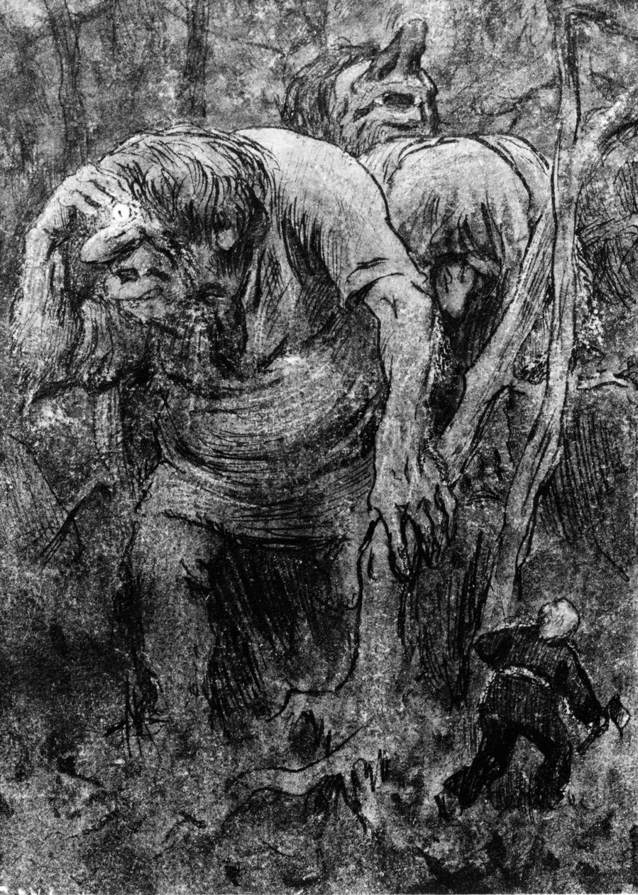 Los niños se encuentran con los trolls en el bosque de Hedals (dibujo) de Erik Theodor Werenskiold