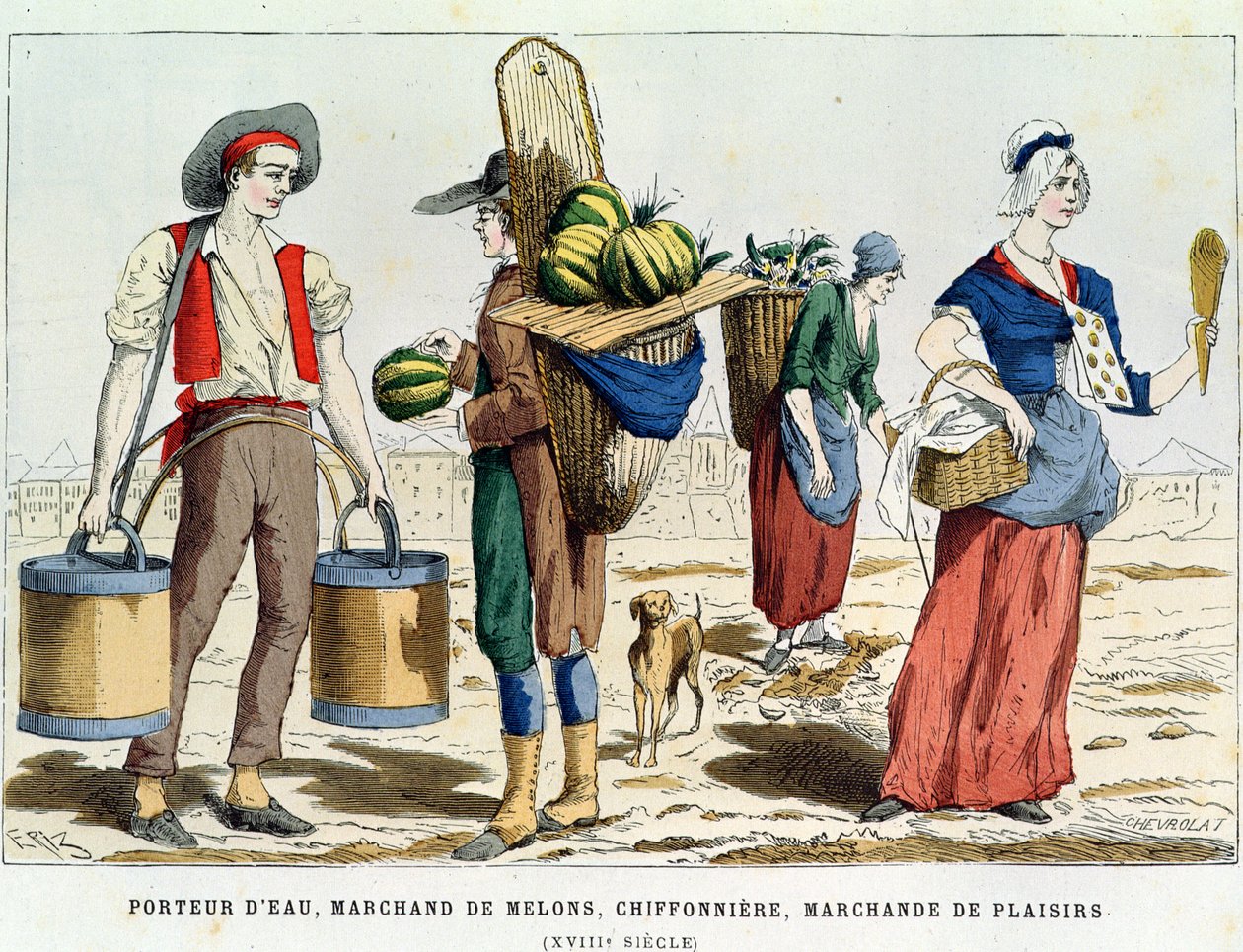 Aguador; Vendedor de melones, Mujer de trapos y huesos y Vendedor de confitería en el siglo XVIII, de Costumes de Paris a Travers les Siecles ed. Roy, publicado en 1887 (grabado en color) de Eriz