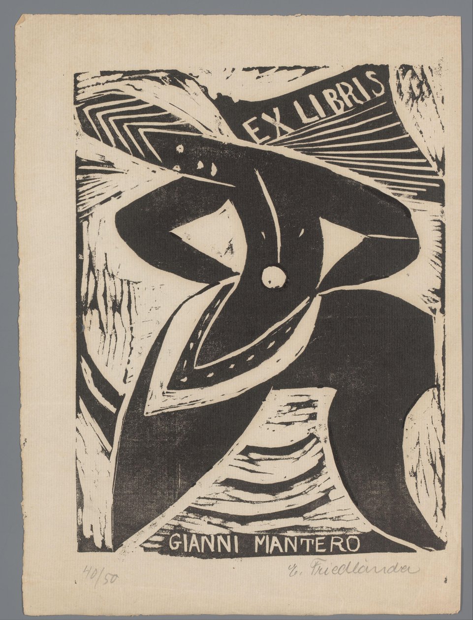 Ex libris de Gianni Mantero de Erna Levy Friedländer (signed by artist)