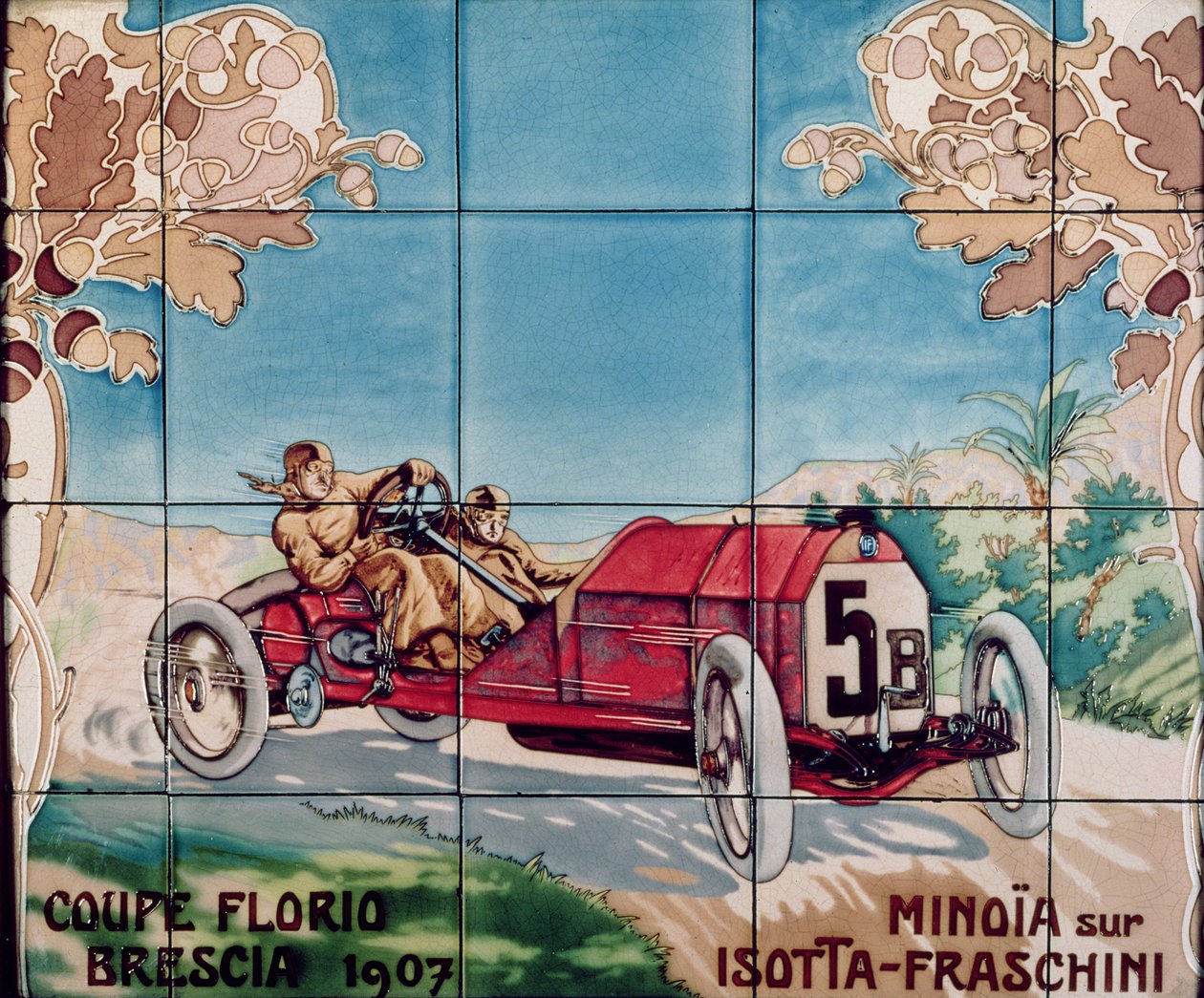 Minoia conduciendo un coche Isotta Fraschini en la Copa Florio Brescia de 1907: azulejos cerámicos fabricados por Gilardoni Fils et Cie de París, después de un dibujo de Ernest Montaut (1877-1909), 1908-10 de Ernest Montaut