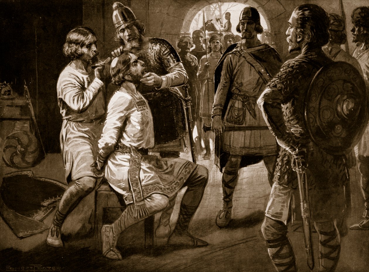 Ceolwulf, rey de Northumbria, siendo forzadamente rapado, 731, ilustración de 