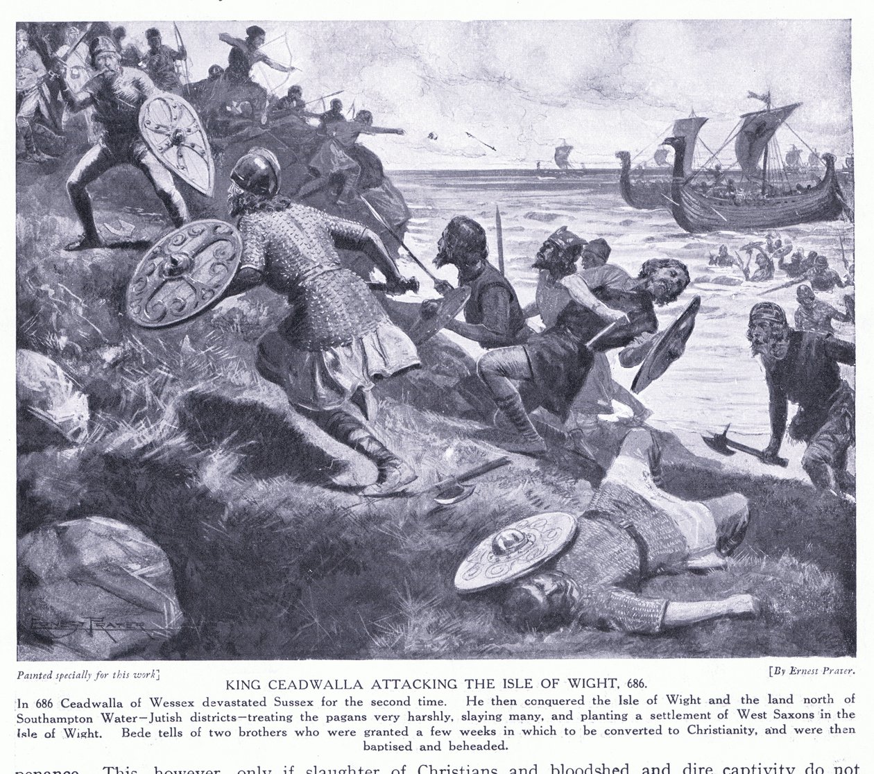 El rey Ceadwalla atacando la Isla de Wight en el año 686 de Ernest Prater