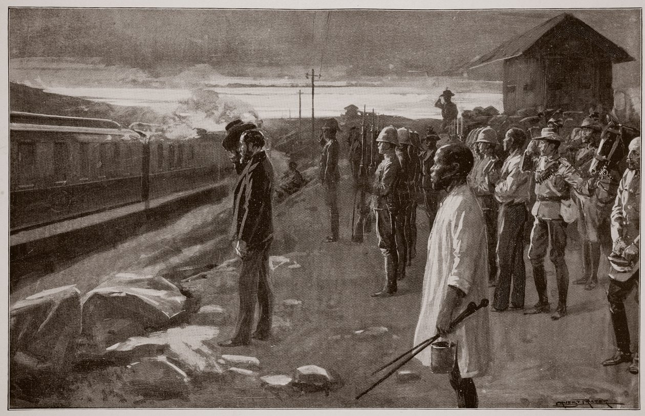 El tren que transporta los restos del Sr. Rhodes saludado por los guardias del Blockhouse en su camino a las colinas de Matopos de Ernest Prater