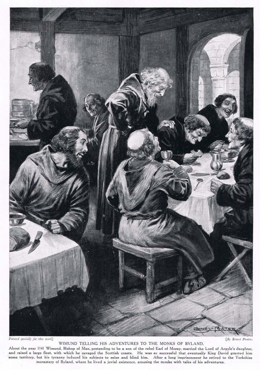 Wimund contando sus aventuras a los monjes de Byland AD1141, años 1920 de Ernest Prater