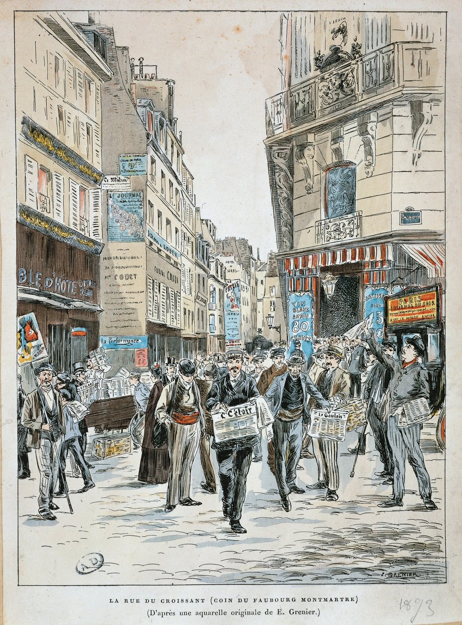 Vendedor de periódicos en la rue du Croissant en la esquina de la rue du Faubourg Montmartre en París de Ernest (after) Grenier