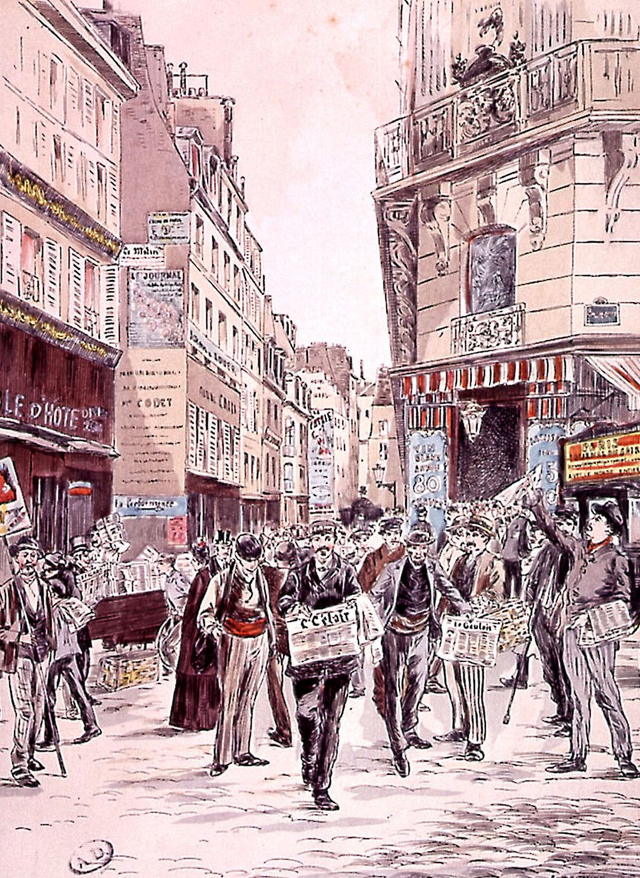 Vendedores de prensa en las calles de París en 1893, grabado de Ernest (after) Grenier