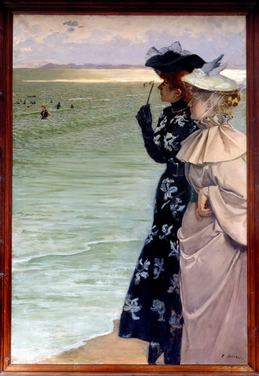 Bella época: Hora del baño en el mar. Dos mujeres en la orilla examinando a los bañistas con binoculares. Pintura de Ernest Ange Duez de Ernest Ange Duez
