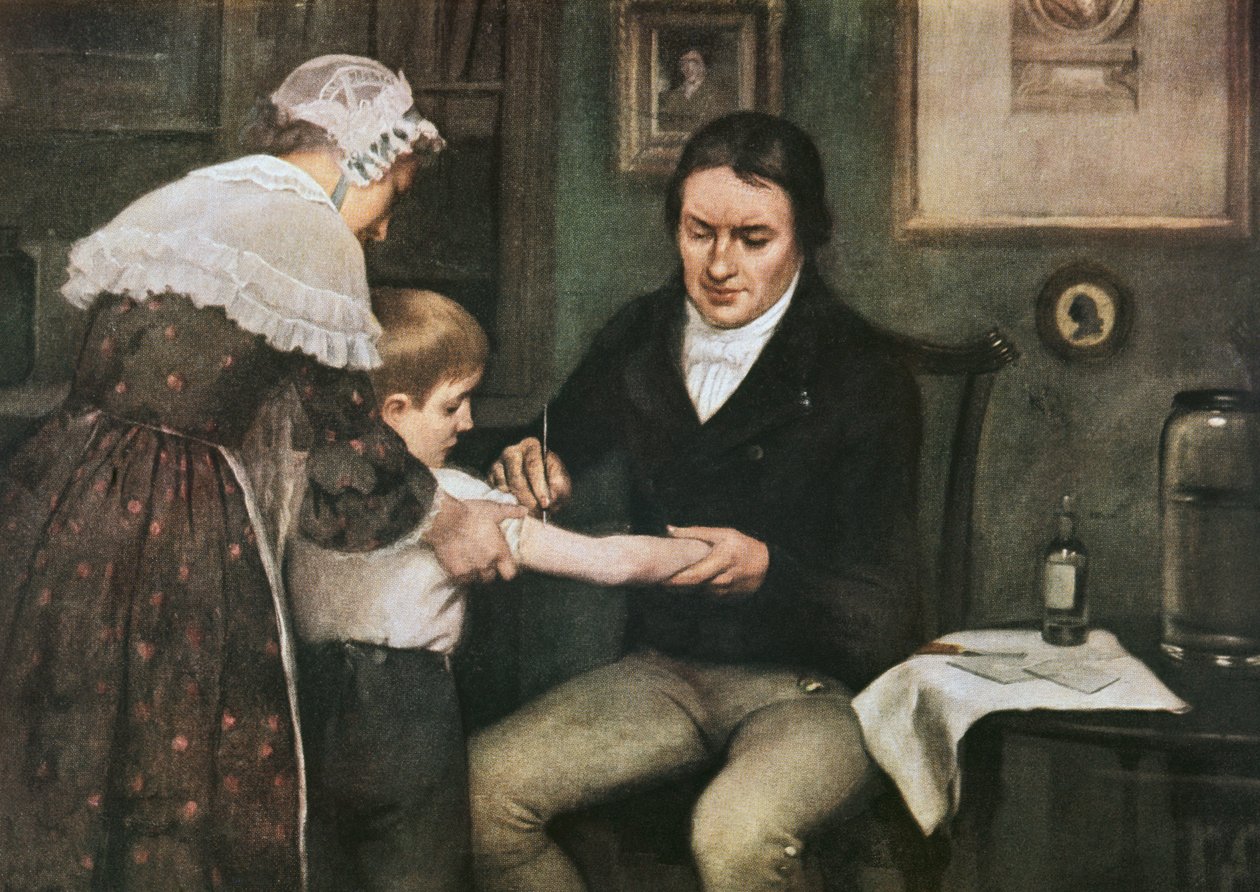 El Dr. Edward Jenner (1749-1823) vacunando por primera vez contra la viruela a James Phipps, un niño de ocho años, el 14 de mayo. de Ernest Board