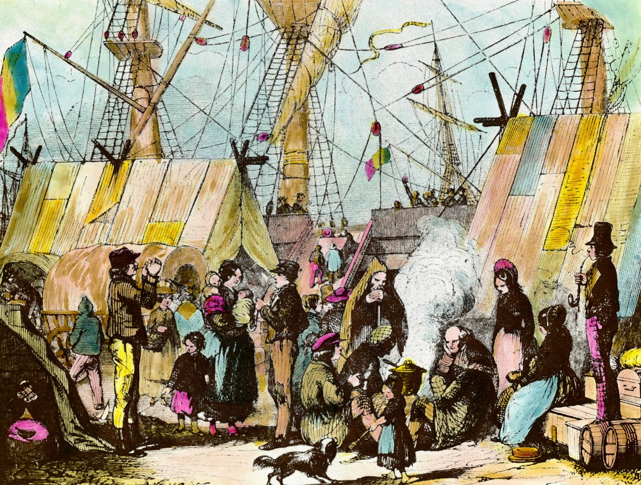 Familias de emigrantes acampadas en el puerto de Le Havre. Grabado por Ernest Charton (1813-1905) Grabado del siglo XIX Colección privada de Ernest Charton