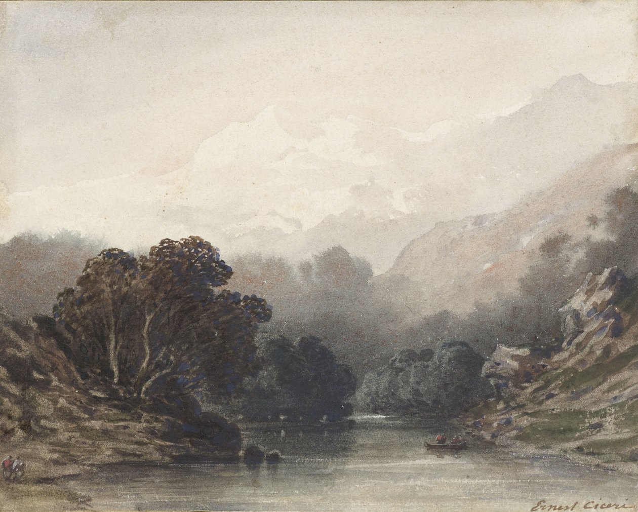 Lago de montaña sombreado por un follaje oscuro, detrás de colinas claras y picos nevados de Ernest Cicéri