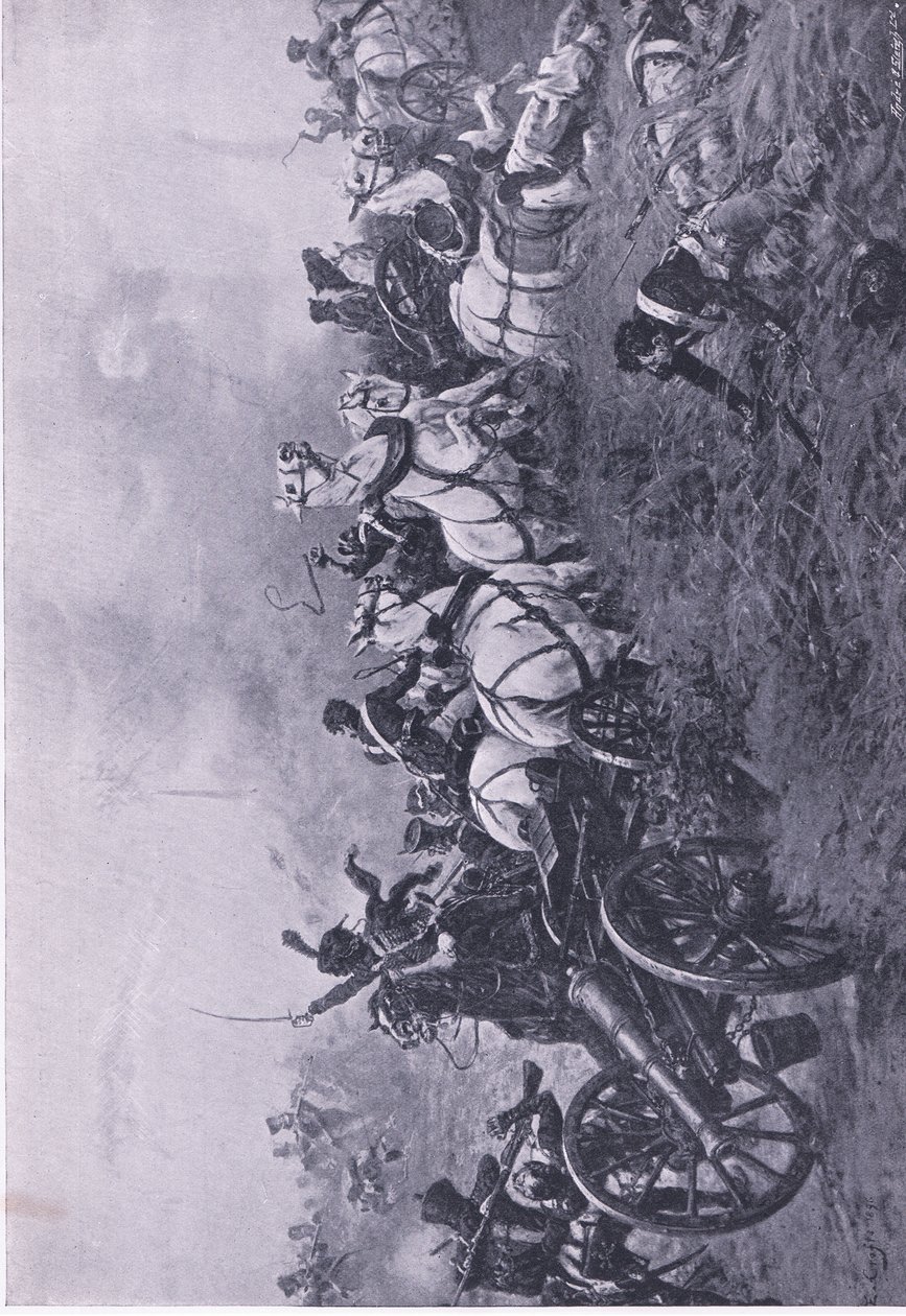 Captura de la batería francesa por el 52º Regimiento de Infantería Ligera de Oxfordshire en Waterloo 18 de junio de 1815, ilustración de British Battles on Land and Sea, 1915 de Ernest Crofts