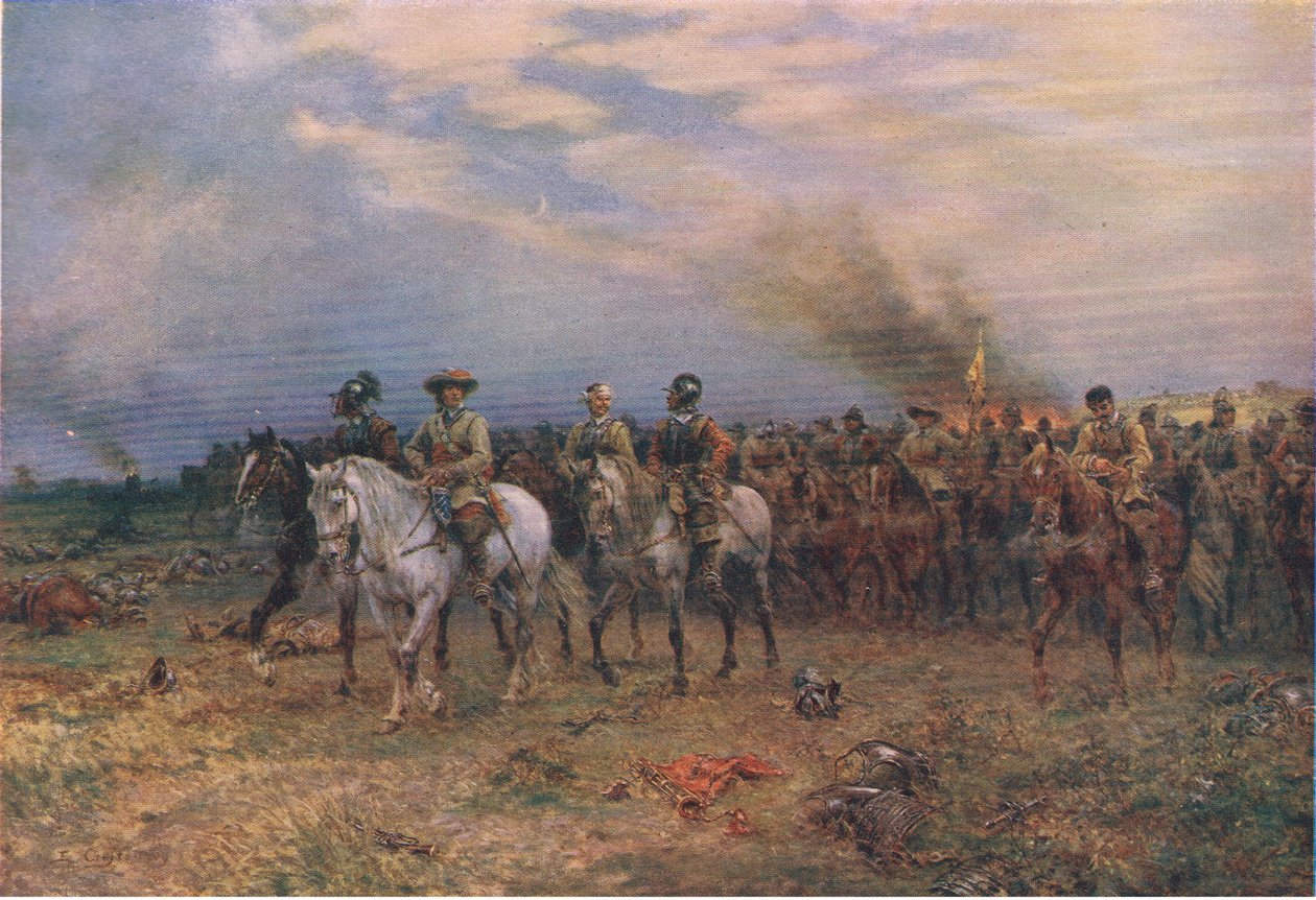 Cromwell en Marston Moor, ilustración de La Historia del Pueblo Británico publicada por Waverley, c.1940 de Ernest Crofts