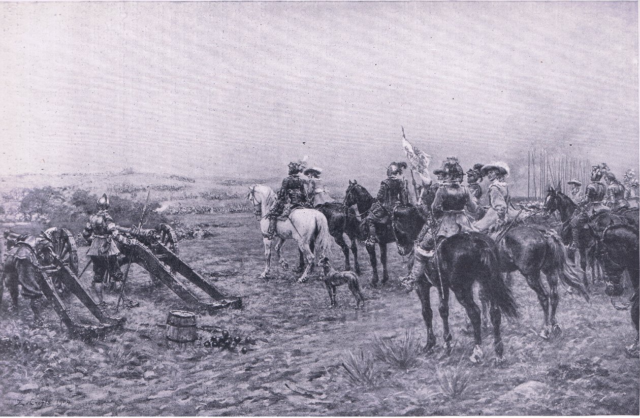 El príncipe Rupert en la batalla de Marston, 2 de julio de 1644, ilustración de British Battles on Land and Sea, 1915 de Ernest Crofts