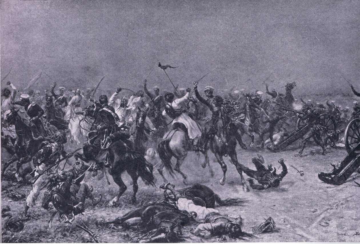 La carga de los Dragones Ligeros del Rey en Mudki, ilustración de British Battles on Land and Sea, 1915 de Ernest Crofts