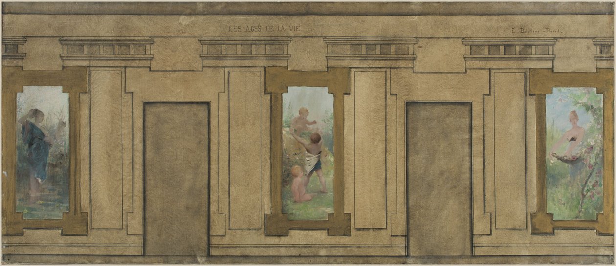 Boceto para el Ayuntamiento de Courbevoie: Las edades de la vida. La juventud. La infancia. Juventud, en 1884 (óleo sobre tinta negra sobre lienzo) de Ernest Delahaye
