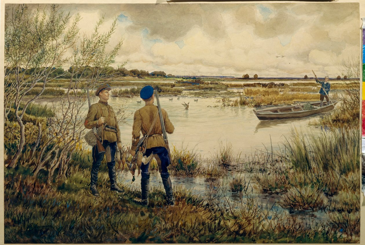 Volviendo de la caza - (cazadores con sus aparejos, de pie en la orilla de un lago, esperando a un compañero en un barco, encargado de recuperar la caza, patos) - Obra de Ernest Ernestovich Lissner (1874-1941), aq de Ernest Ernestovich Lissner