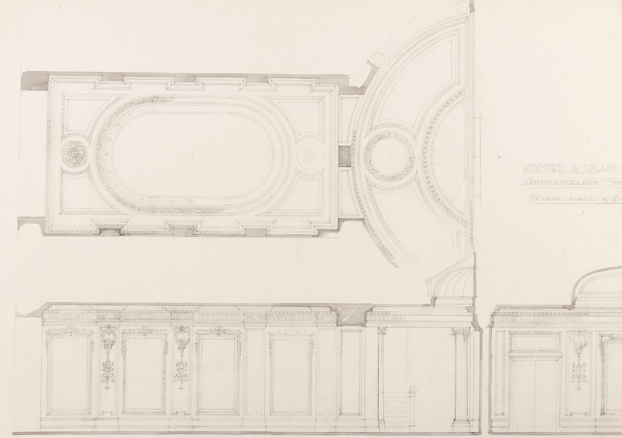 Diseños para el interior del Oxford and Poland Street Cinematograph Theatre: Techo del auditorio y pared del fondo, c.1910 (lápiz sobre papel) de Ernest George William Souster